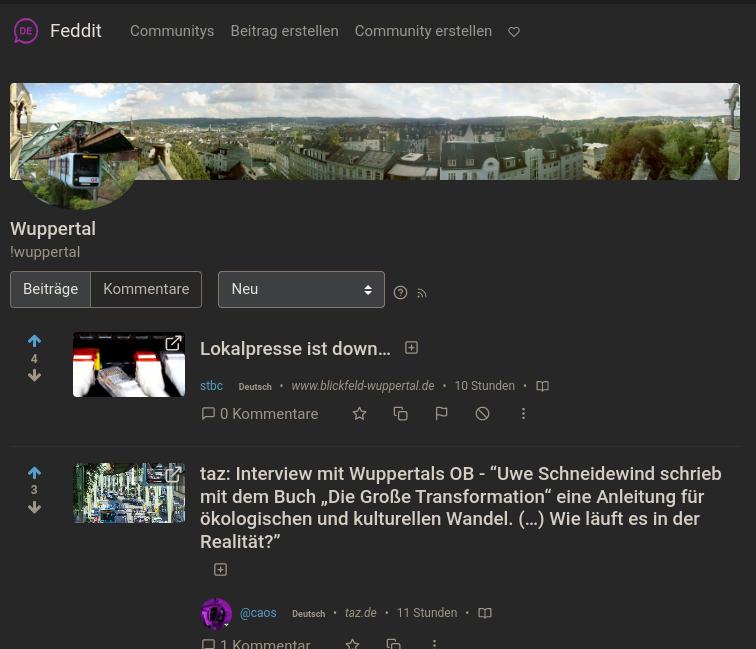 Startseite der Community-Seite auf feddit.de