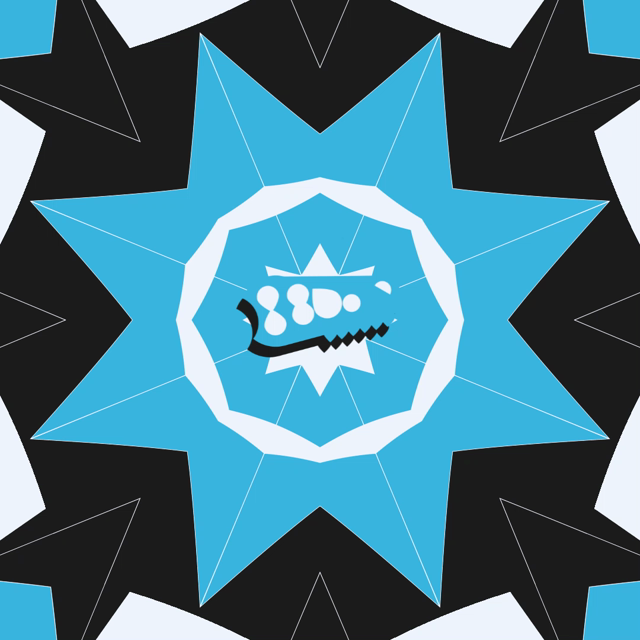 Vector-style kaleidoscope of blue, black, white, and yellow. At the center is an abstract logo of a dinosaur skull.