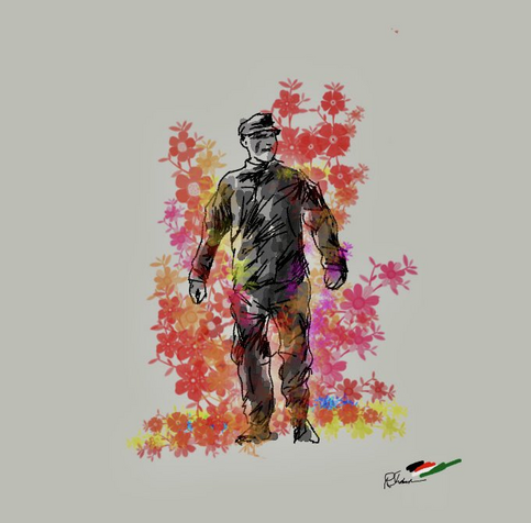 A drawing of an American soldier, Aaron Bushnless, engulfed in flowers instead of flames. 
