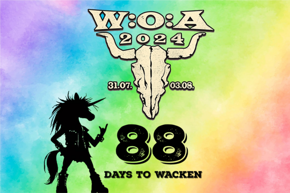 Das Logo des Wacken Open Air 2024 auf regenbogenfarbenem Hintergrund. Darunter das 