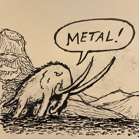 A hand drawn mastodon yelling out “METAL!”