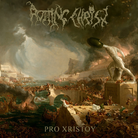 Album cover for 'Pro Xristou' by Rotting Christ.

A painted image depicting an ancient civilisation (perhaps Greece) in chaos. Lots of people running around, fighting, killing each other, pushing people into the ocean.

Prominent on one side is a large statue of an athlete holding a shield outstretched in one arm, but the head has been removed.