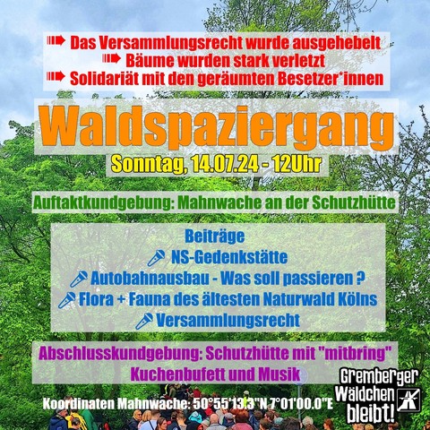 Flyer für Waldspaziergang und Mahnwache zum Schutz des Gremberger Wäldchens