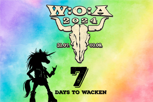 Das Logo des Wacken Open Air 2024 auf regenbogenfarbenem Hintergrund. Darunter das 