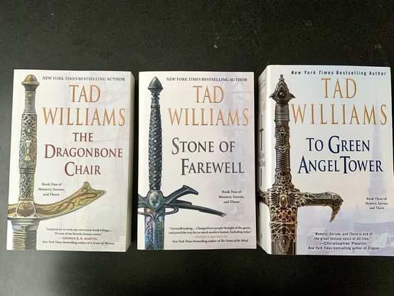 Tad Williams books
The Dragonbone Chair (1988)
Stone of Farewell (1990)
 To Green Angel Tower (1993).
