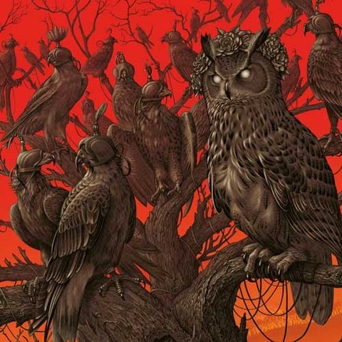 Album cover for Endling by Kvelertak. An illustration of a tree with 10 or more birds of prey sitting on the branches. They all have hoods on.

In the foreground is an owl with a wreath of flowers on its head.