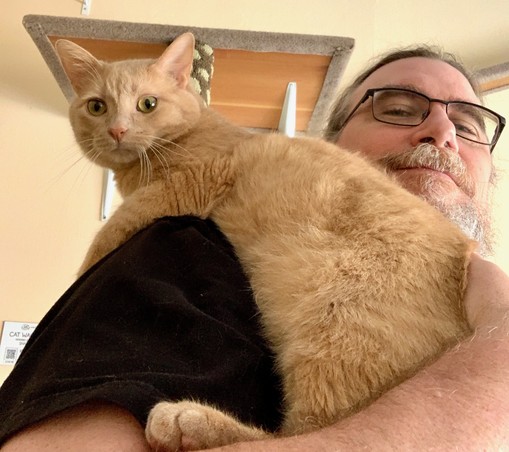 Big Lolly cat cuddling with Greg Sadler