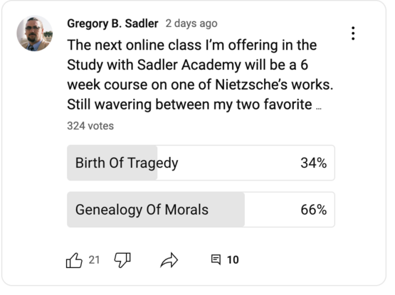 Poll about which Nietzsche text to teach in my next online class
Birth of Tragedy 34%
Genealogy of Morals 66%