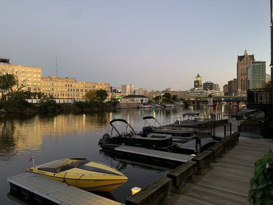 View of the Milwaukee river and the riverwalk before sunrise