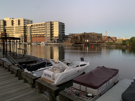 View of the Milwaukee river and the riverwalk before sunrise