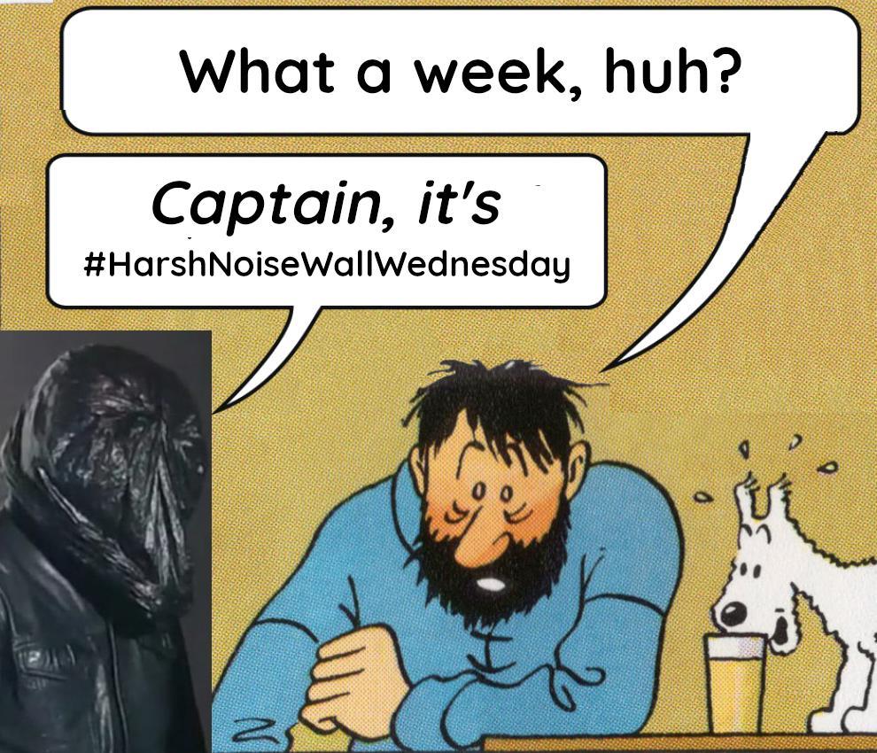 modified version of the Tin Tin meme. The captain (a strong, yet exhausted man with a wild beard) is leaning onto the table and is saying: "What a week, huh?" Left to him, a picture of the artist Vomir has been inserted (a man wearing a black jacket while having a black trash bag over his head) who is saying: "Captain, it's Harsh Noise Wall Wednesday" (the last four words are written as a hashtag). On the right is a little, white dog