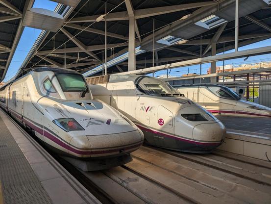 The image shows a train station with three high-speed trains parked side by side on the tracks. The trains are modern, sleek, and predominantly white with a purple stripe running along the lower part of the body. The train on the left has the "AVE" logo, indicating it is part of the Spanish high-speed rail service. The train in the middle has the number "12" visible on its side, and the train on the right also displays the "AVE" logo. The station has a modern architectural design with a metal r…
