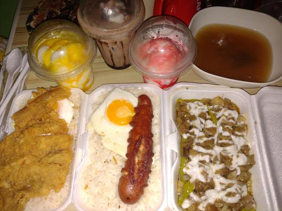 Bottom row: styro takeouts (porksilog, hungsilog, sisig). 
Top row: sundaes (mango, choco, strawberry), bowl of soup.