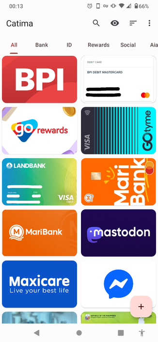 Screenshot of Catima app with various bank cards, rewards cards, and social QRs, mostly from the Philippines
