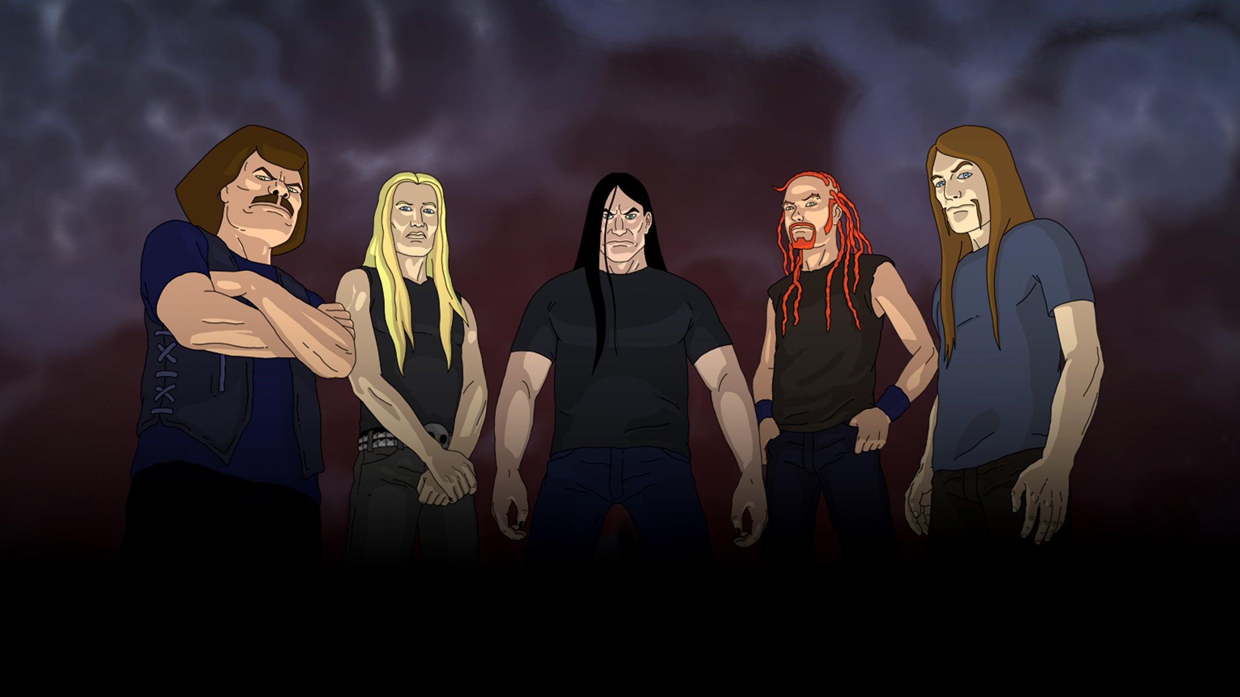 A picture of the animated band Dethklok. 5 members are pictured.

1. A gruff man with a moustache and a brown block of hair

2. A slender man with long blond straight hair

3. A well built man with long straight black hair

4. A skinny man with sort of balding hair. What they do have is in dreadlocks.

5. A regular sized man with long brown hair and a moustache.
