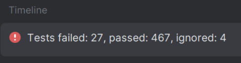 Screenshot of Jetbrains IDE showing test run results:
Tests failed: 27, passed: 467, ignored: 4