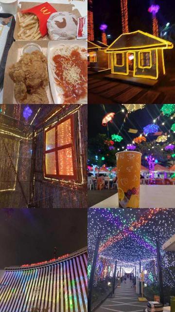 Collage, left to right, top to bottom: 
McDonald's chicken sandwich, fries, and chicken + spaghetti meal. 
Prop house with strip LEDs. 
Interior of prop house, likely made of rattan. 
Disposable cup on a table at an outdoor food hub. 
Meralco's Lopez building, reading "Mas maliwanag ang Pasko" (Christmas is brighter). 
Entrance path, decorated with Christmas lights.