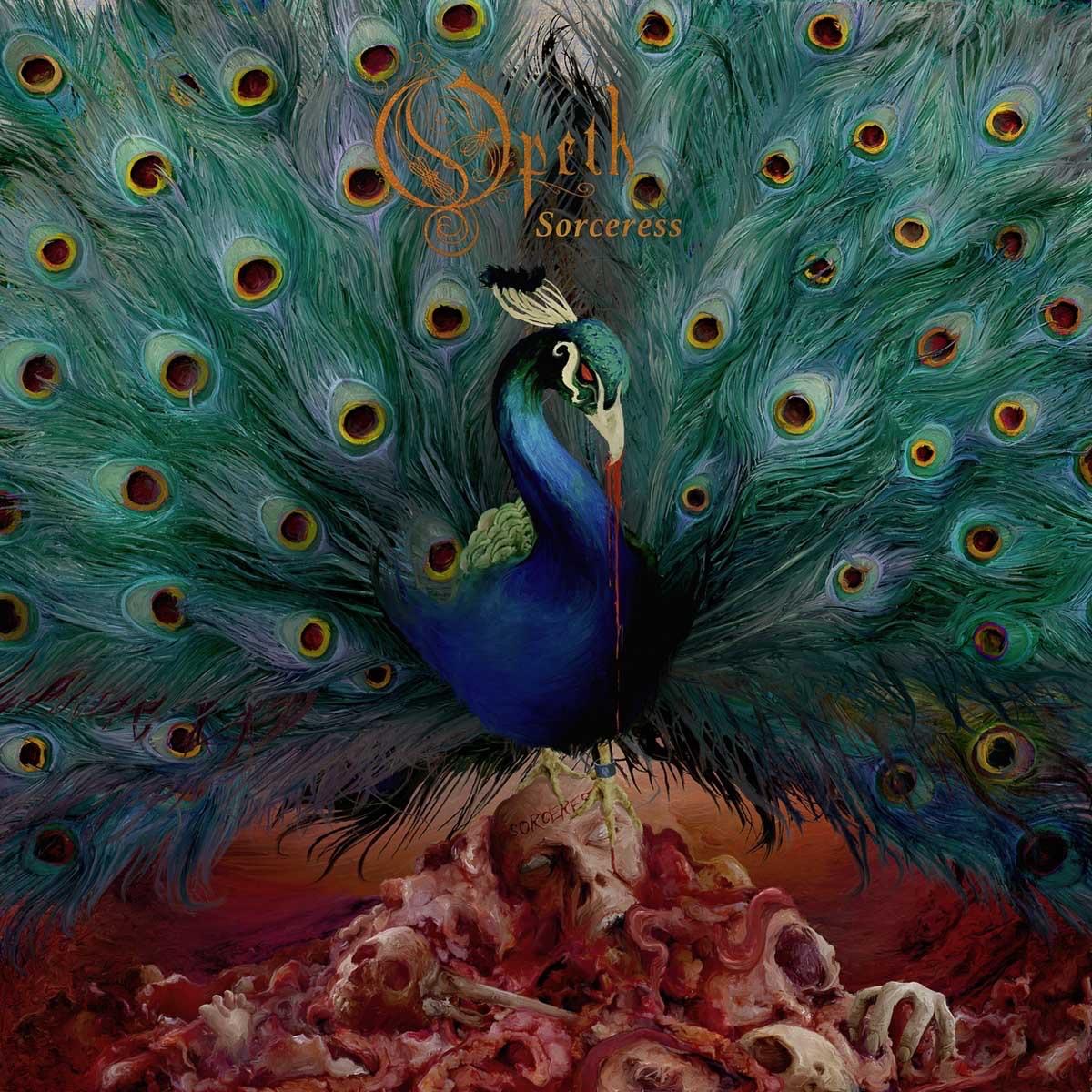 Album art for Sorceress by Opeth.

A peacock is the central image with its plumage covering the album. However it has a dark undertone, as the bird is standing on a pile of skulls and seemingly decapitated heads.

The large dark spots in the plumage take on more ominous aspect. Like dark eyes looking out.