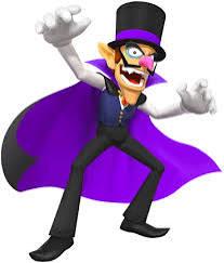 Picture of Waluigi from Mario dressed as a vampire with a top hat and cape