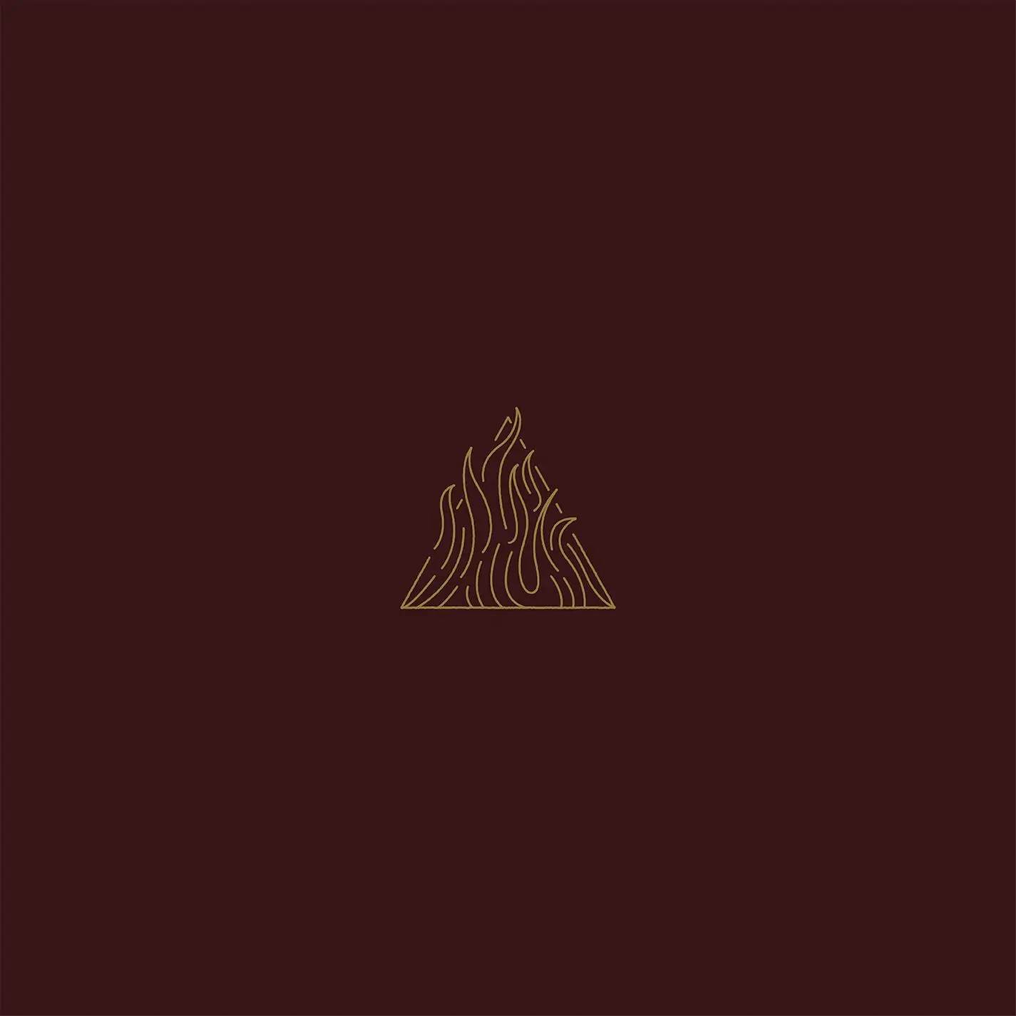 Album cover for The Sin and the Sentence by Trivium: a minimalist design with a bold red background featuring a centered white geometric symbol made of sharp, angular lines forming a triangular, rune-like shape. The composition is symmetrical and high-contrast, with no additional imagery, creating a stark, aggressive visual aesthetic