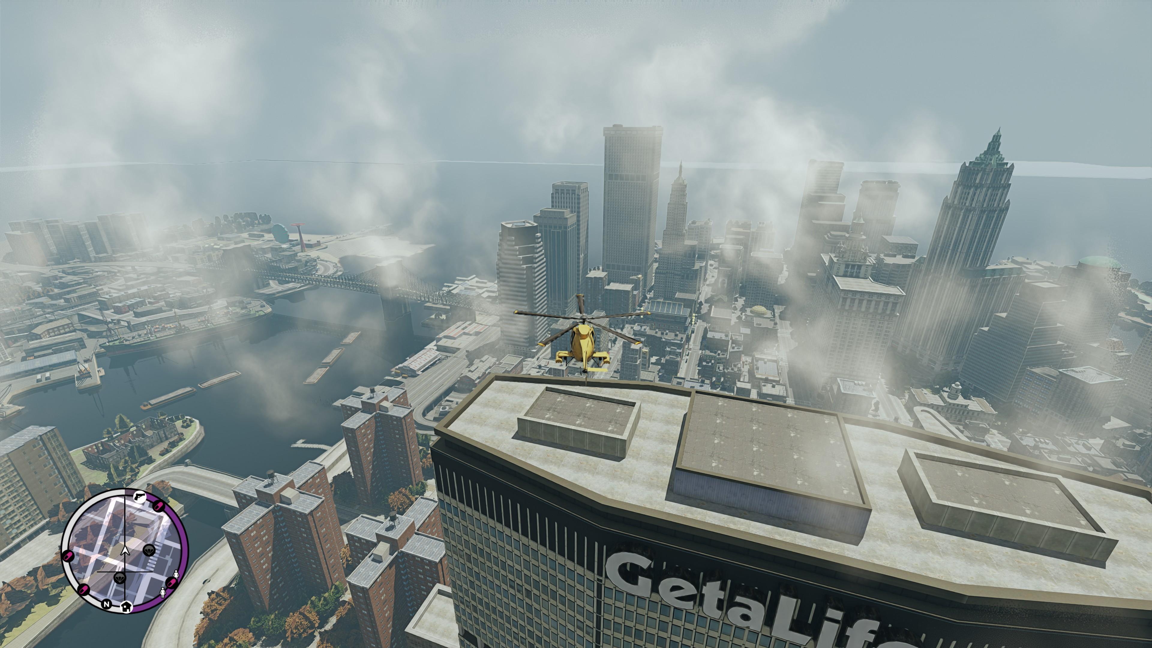 GTA IV Screenshot with pathtracing enabled, view from a helicopter over Liberty City, GetaLife building in the front.