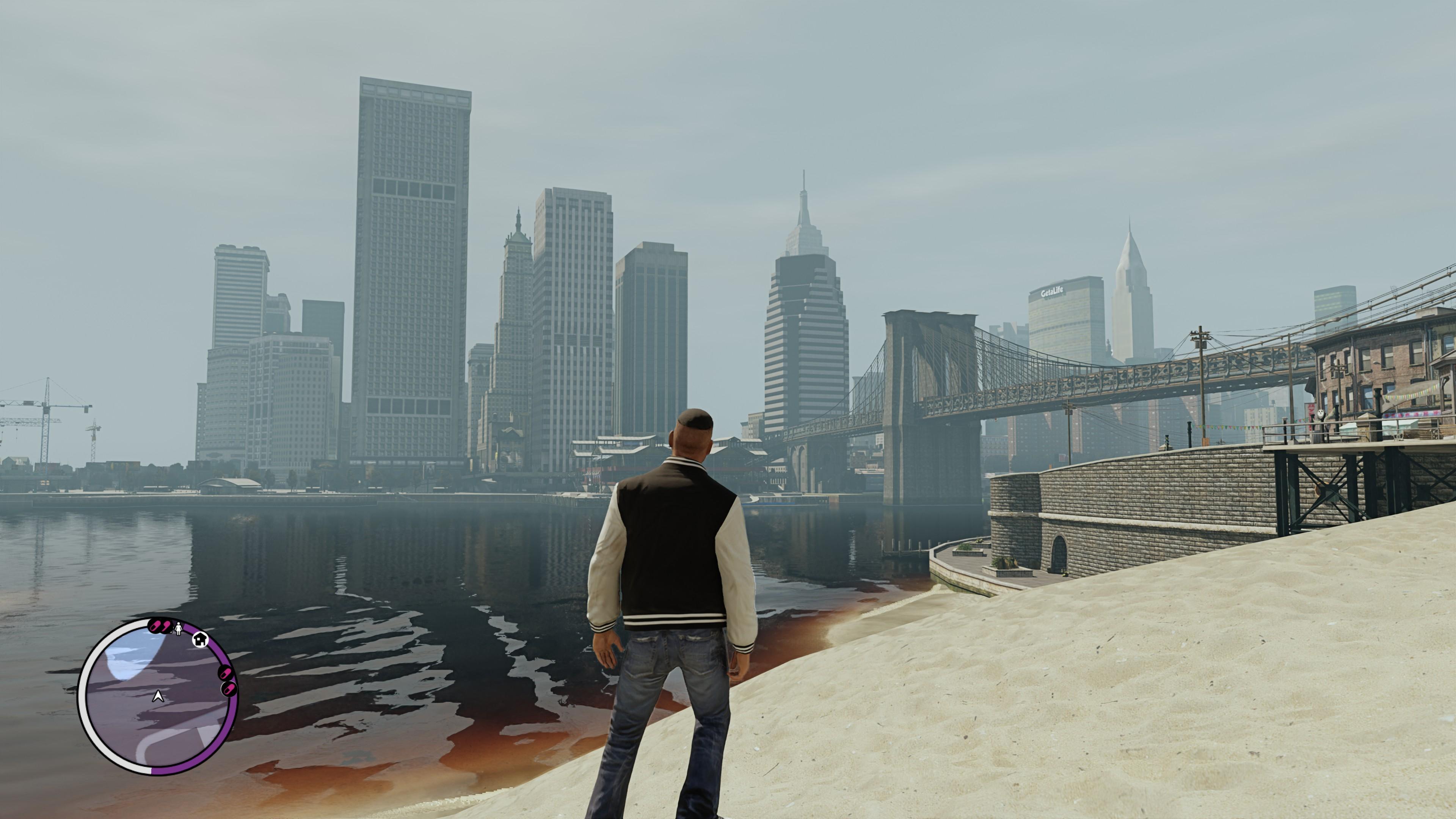GTA IV Screenshot with pathtracing enabled, view over Liberty City from the beach.