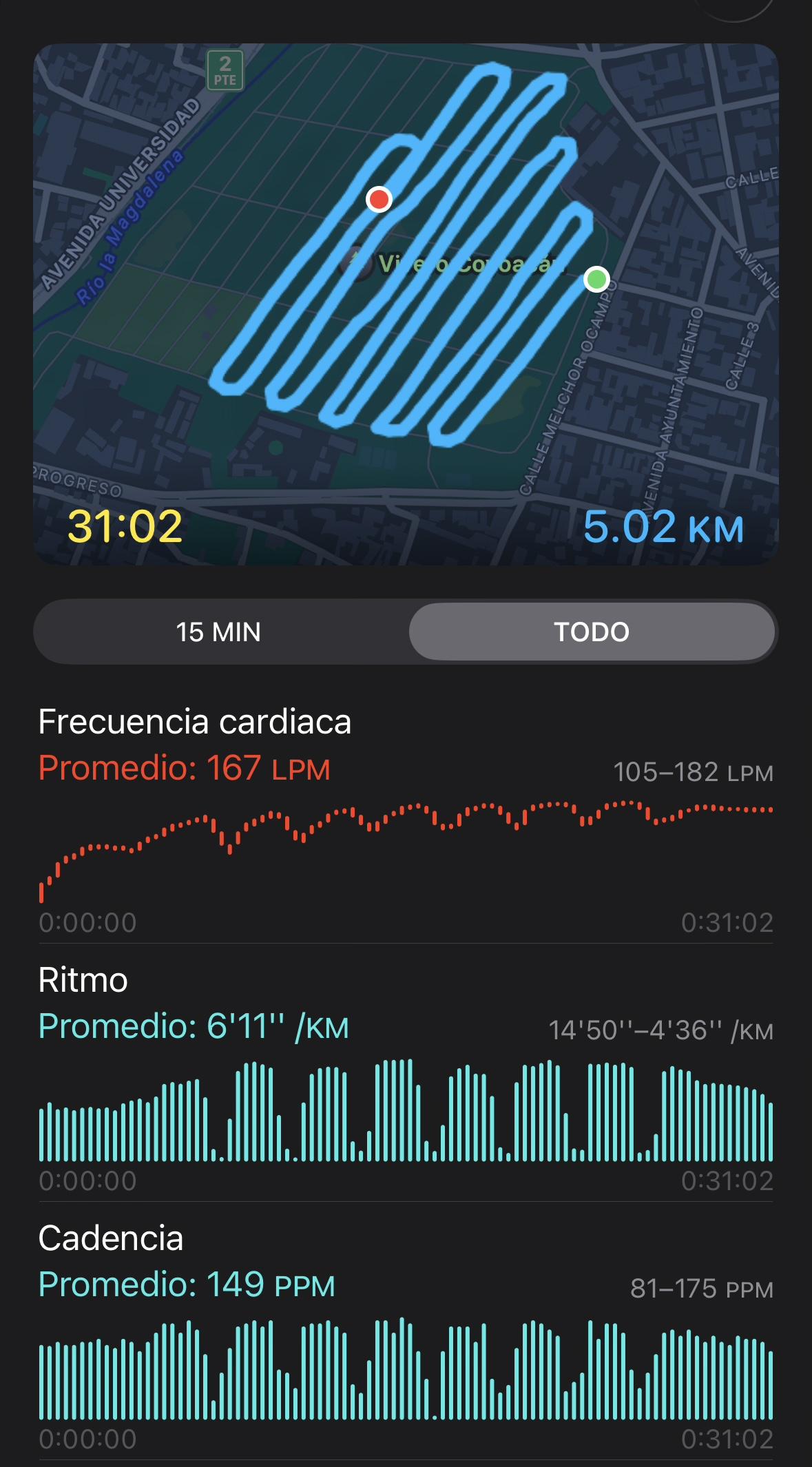 Apple Fitness screenshot showing my route and performance graphs.
