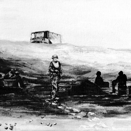 A  black and whit painting of a war scene. A person in heavy gear, maybe a soldier, maybe with a weapon, maybe not, standing in a desert. Lost. Wondering. On the right two black silhouettes of two persons in a sitting position.