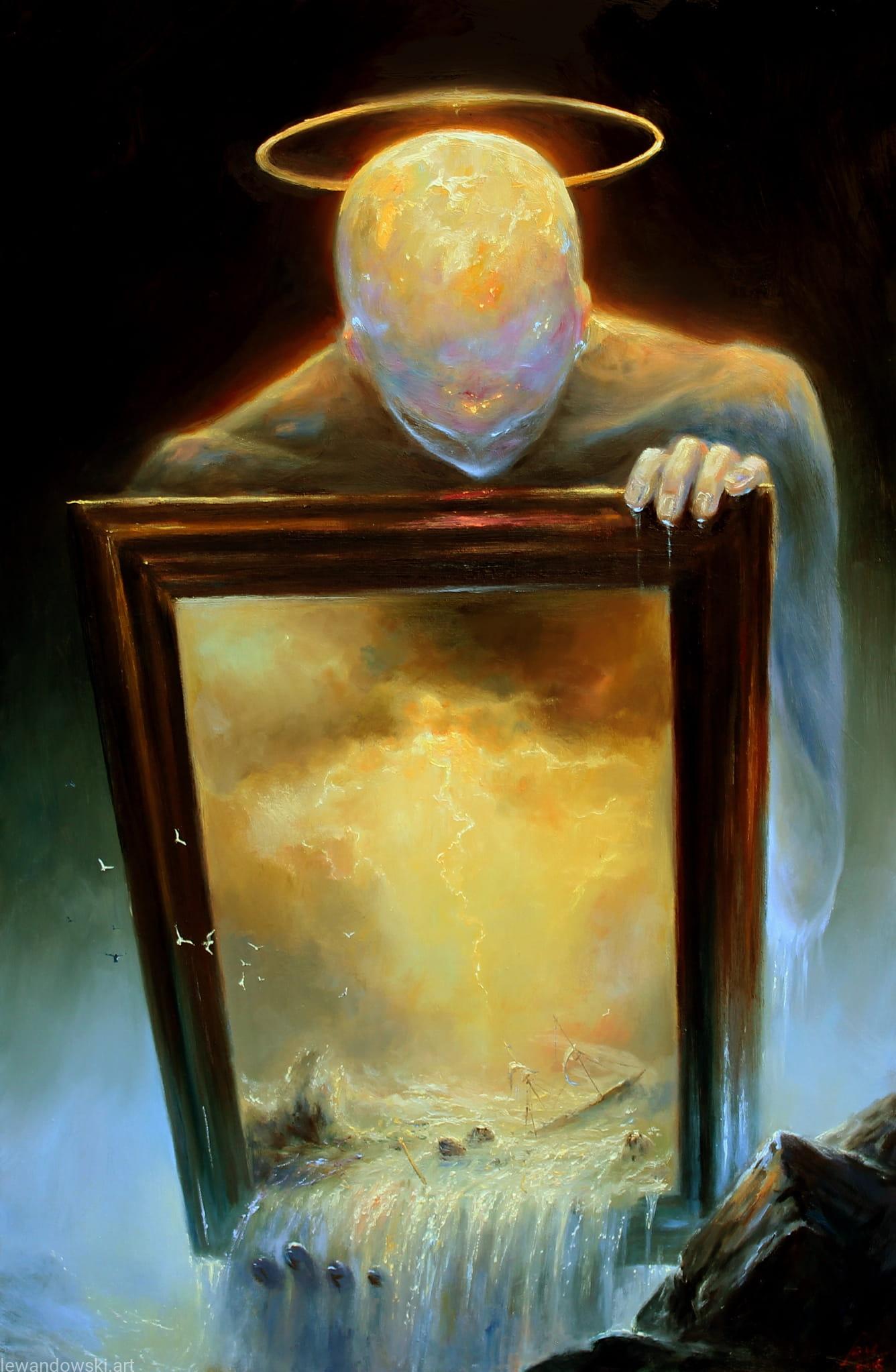 An abstract white semi-transparant / semi-crystalic humanlike figure with a halo around their head looking down holding a painting. The painting is a sea scape, but since the painting is tilted forward the water flows out of the painting.